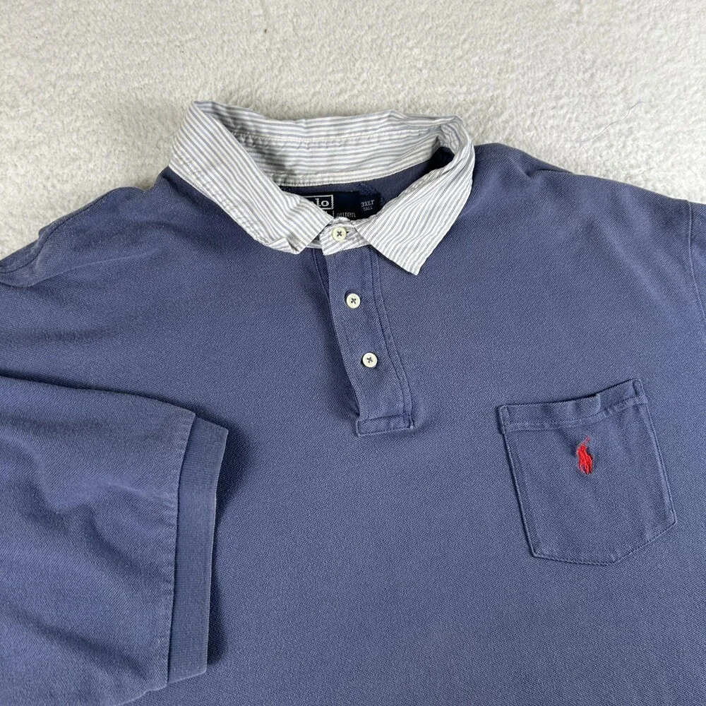 Polo Ralph Lauren Polo Shirt Mens 3XLT Blue Striped Collar Pocket Pony Logo